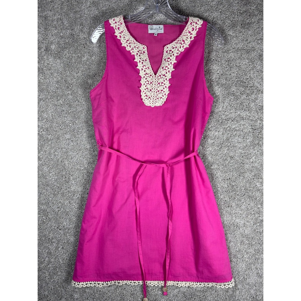Mud Pie Pink Cotton Crochet Lace Trim V‎ Neck Sleeveless Tunic Dress M